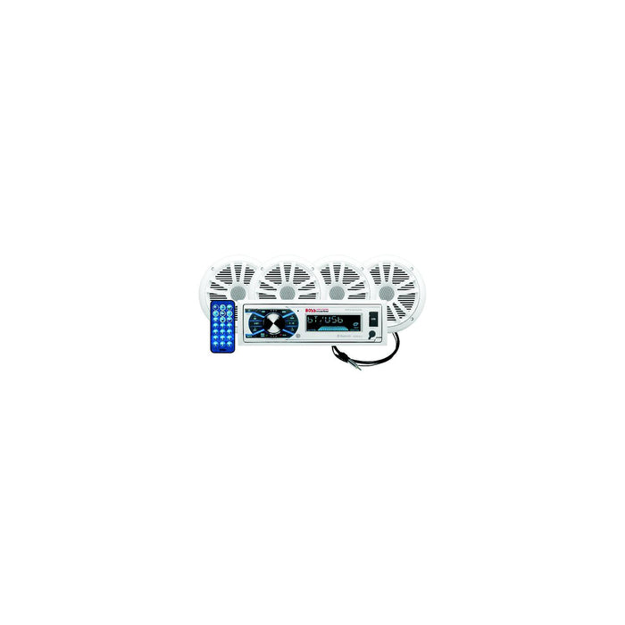 Boss MCK632WB64 Bluetooth marine stereo system with four white 6.5 inch waterproof speakers
