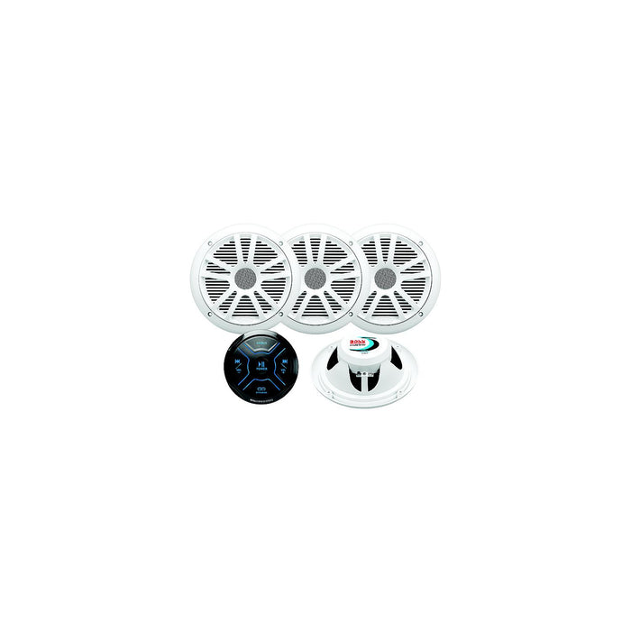 Boss MG250W64 Bluetooth gauge receiver with four 6.5 inch white waterproof marine speakers