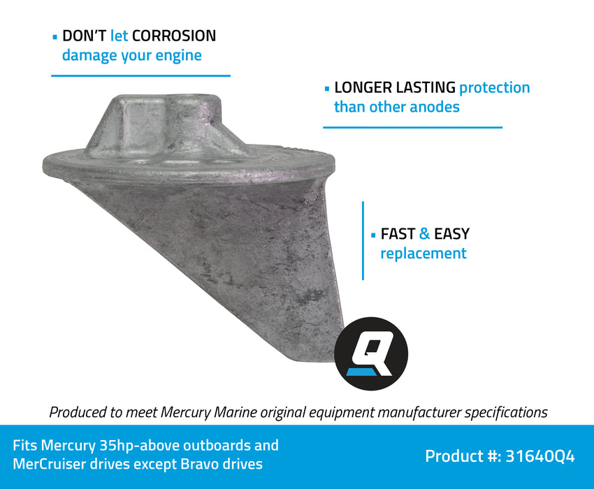 Quicksilver 31640Q4 Aluminum Trim Tab Anode for Mercury or Mariner Outboards and MerCruiser Sterndrives