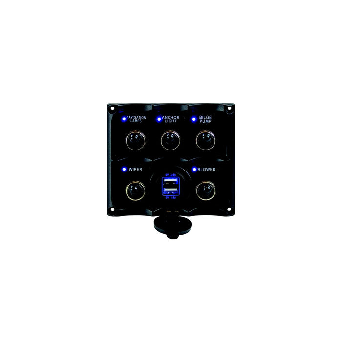 Seadog 424617-1 Water Resistant Toggle Switch Panel w/5 Switches & USB Power Stocket