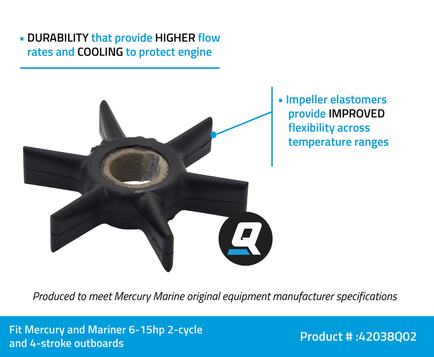 Quicksilver 42038Q02 Water Pump Impeller for Select Mercury and Mariner 2-Cycle Outboards