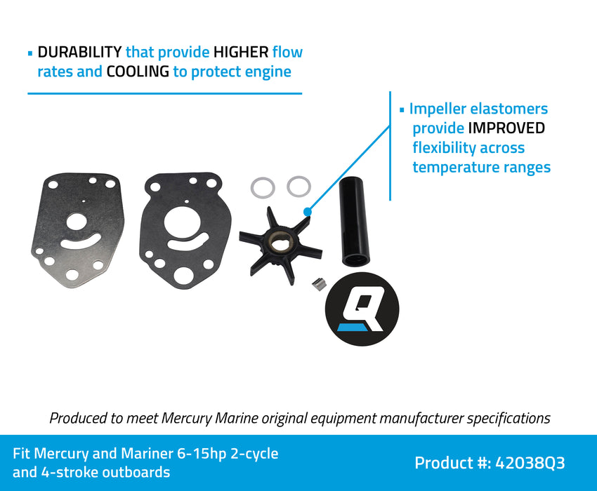 Quicksilver 42038Q3 Water Pump Impeller Repair Kit for Select Mercury 6-15hp Outboards