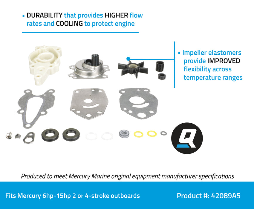 Quicksilver 42089A5 Water Pump Repair Kit for Mercury or Mariner 6-15hp 2-Stroke & 4-Stroke Outboards