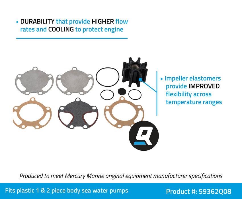 Quicksilver 59362Q08 Sea Water Pump Impeller Replacement Kit for MerCruiser Engines with 2-Piece Pump Body