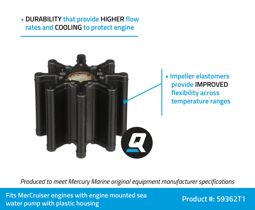 Quicksilver 59362T1 Water Pump Impeller for Select MerCruiser Engines with Engine Mounted Sea Water Pumps with Plastic Housing