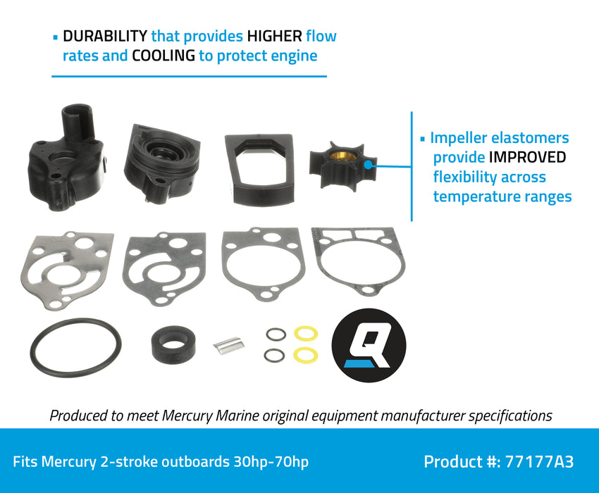 Quicksilver 77177A3 Water Pump Repair Kit for Mercury and Mariner 2-Cycle 30-70hp Outboards