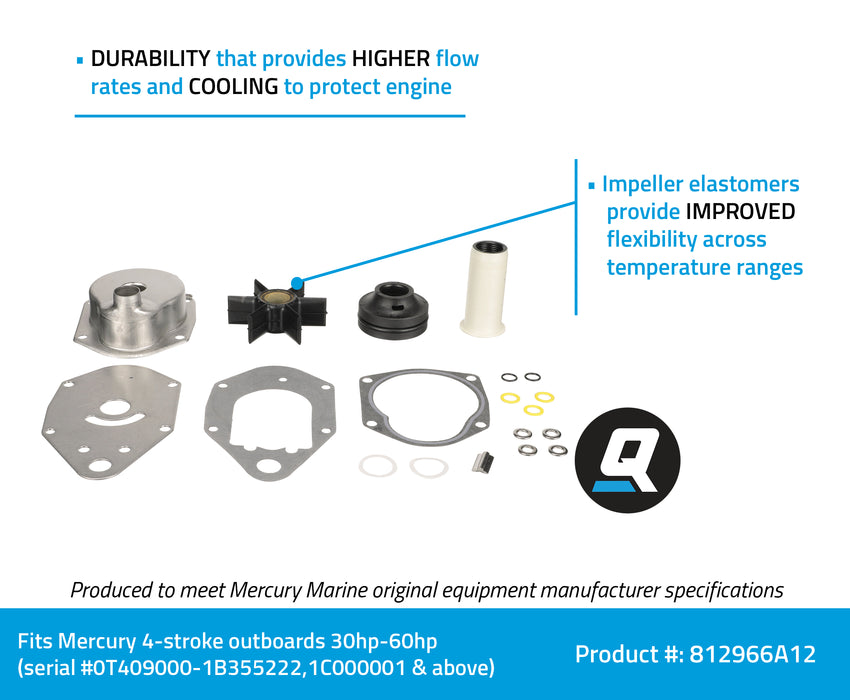 Quicksilver 812966A12 Water Pump Repair Kit for Mercury and Mariner 4-Stroke 30-60hp Outboards