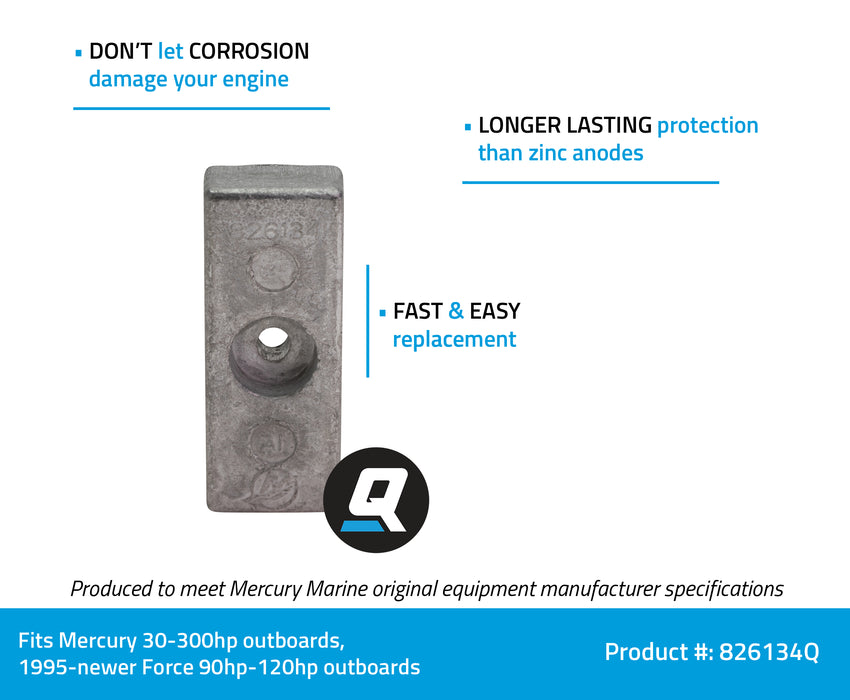 Quicksilver 826134Q Side Pocket Aluminum Anode for Mercury Mariner and Force Outboards