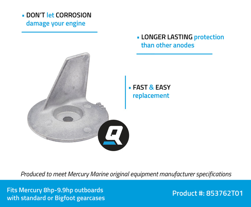 Quicksilver 853762T01 Aluminum Trim Tab Anode for Select Mercury 8-9.9hp Outboards
