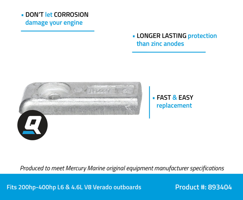 Quicksilver 893404 Aluminum Anode Kit, Power Trim Plate for Mercury Verado L6 200-400hp Outboards