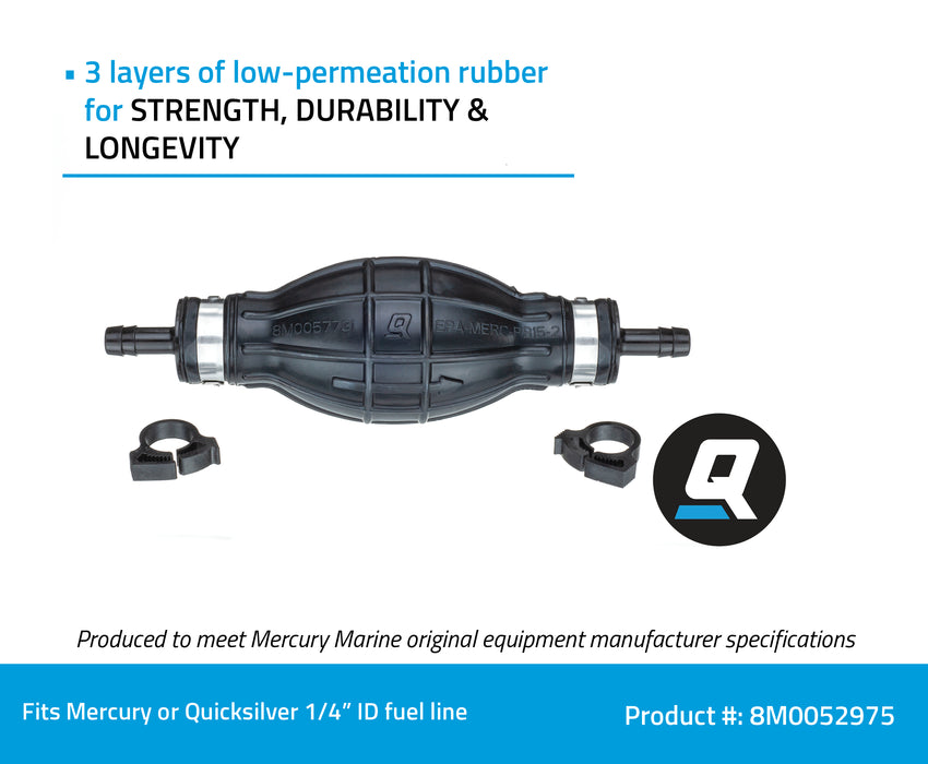 Quicksilver 8M0052975 Primer Bulb with 2 Hose Clamps for 1/4" (6.35mm) Fuel Lines