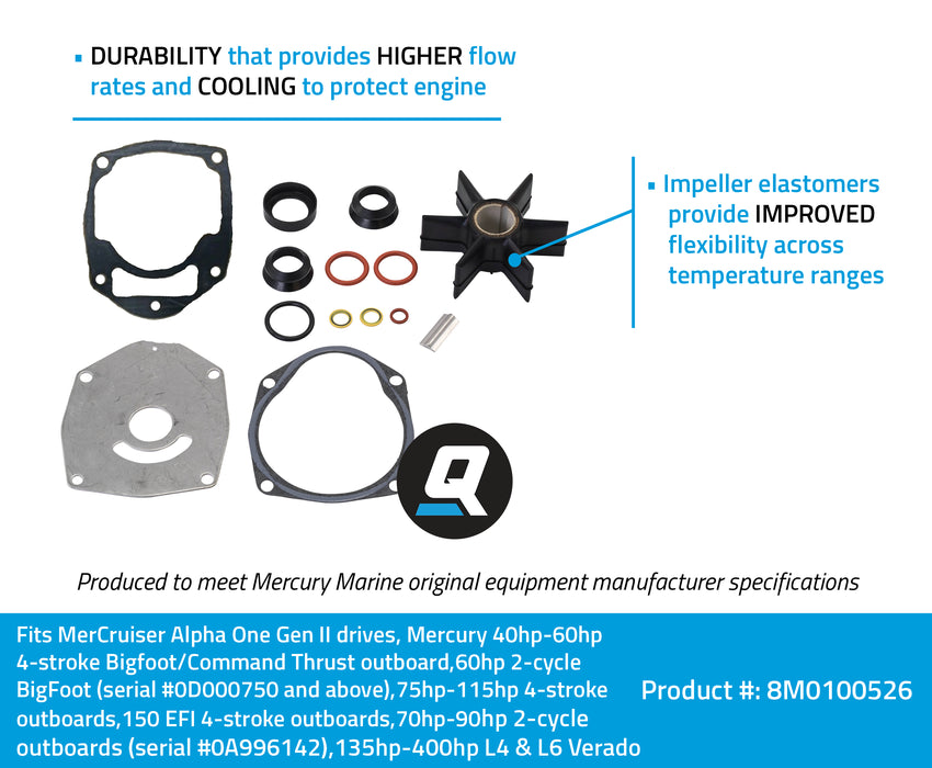 Quicksilver 8M0100526 Water Pump Repair Kit for Select Mercury or Mariner Outboards and MerCruiser Alpha One Gen II Sterndrives
