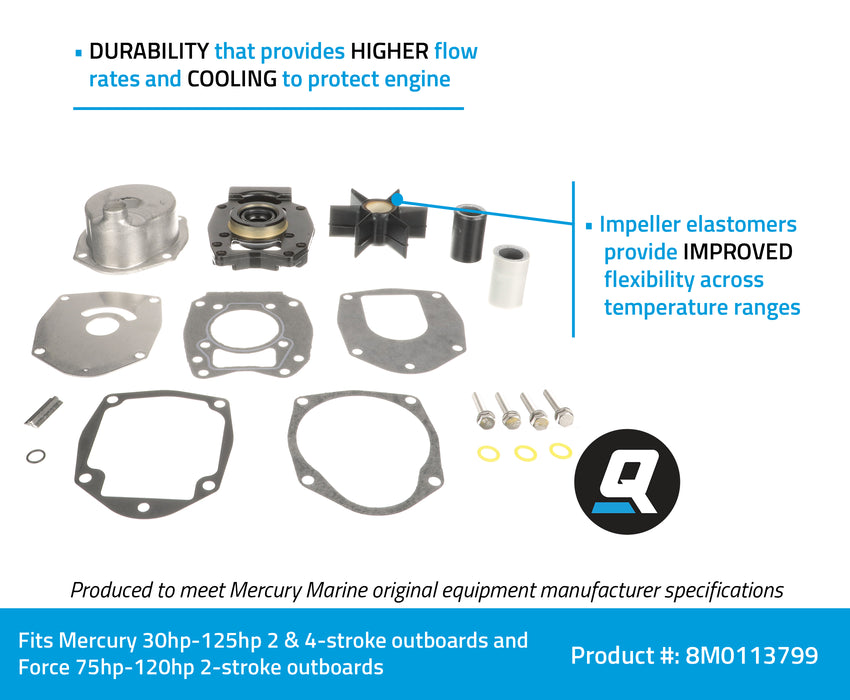 Quicksilver 8M0113799 Water Pump Repair Kit for Select Mercury 30-125hp 2-Stroke and 4-Stroke Outboards