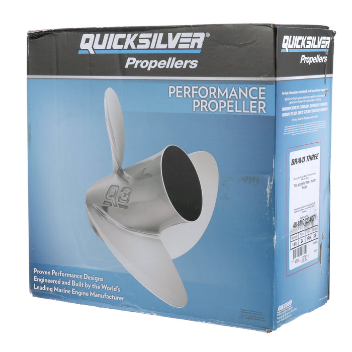 Quicksilver Bravo Three 14.0" Diameter X 24" Pitch, 3-Blade Stainless Steel Propeller, Right Hand Rotation, Matte Finish