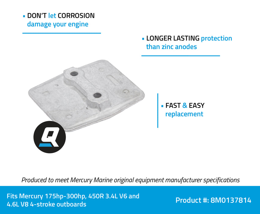 Quicksilver 8M0137814 Aluminum Anti-Ventilation Plate Anode Kit for Mercury 175-300hp 3.4L V6, 4.6L V8 FourStroke outboards and 5.7L V10 350-425hp Verado outboards (serial no. 3B266064 and up).