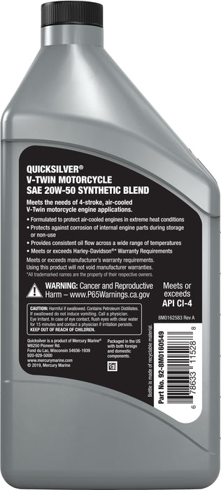 Quicksilver 20W-50 4-Stroke Synthetic Blend Motorcycle Oil, 1 Quart, Qty 6