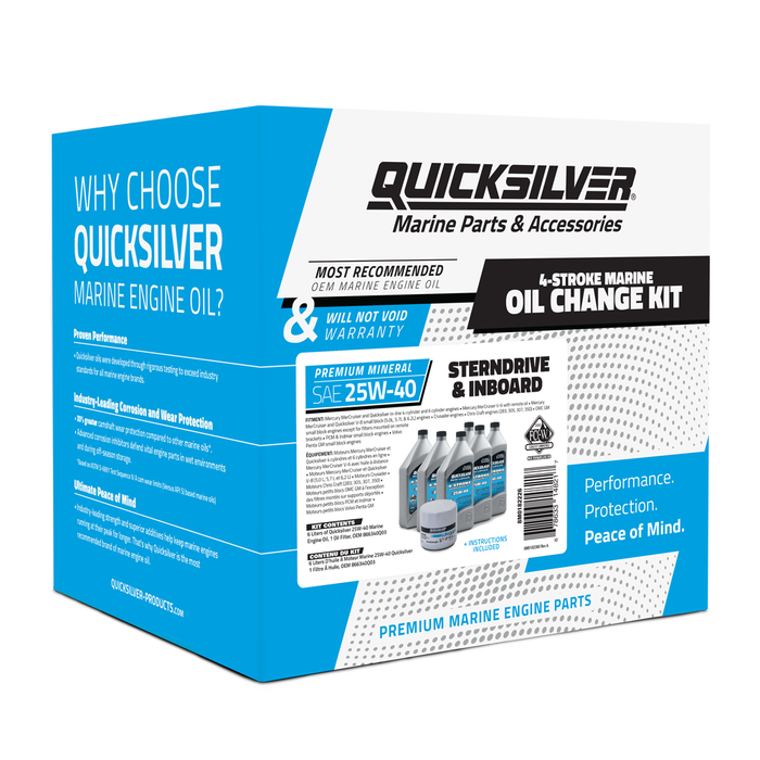 Quicksilver 25W-40 Sterndrive and Inboard Oil Change Kit, Compatible w/ Mercury MerCruiser, Crusader, Chris Craft, OMC, PCM, Volvo Penta, Quicksilver Engines, Boat