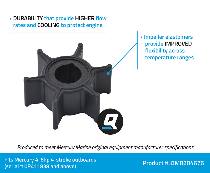 Quicksilver 8M0204676 Water Pump Impeller for Select Mercury 4-6hp 4-Stroke Outboards