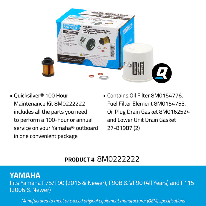 Quicksilver 8M0222222 100 Hour Maintenance Kit for Yamaha F75/F90 for F90B & VF90 and F115 Outboards