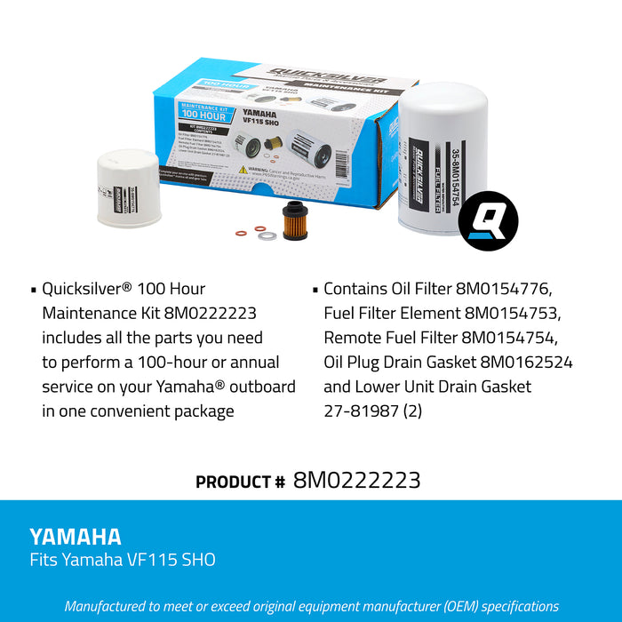 Quicksilver 8M0222223 100 Hour Maintenance Kit for Yamaha VF115 SHO Outboards