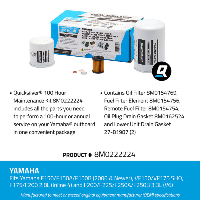 Quicksilver 8M0222224 100 Hour Maintenance Kit for Yamaha Various 150/175/200/225/250 Outboards