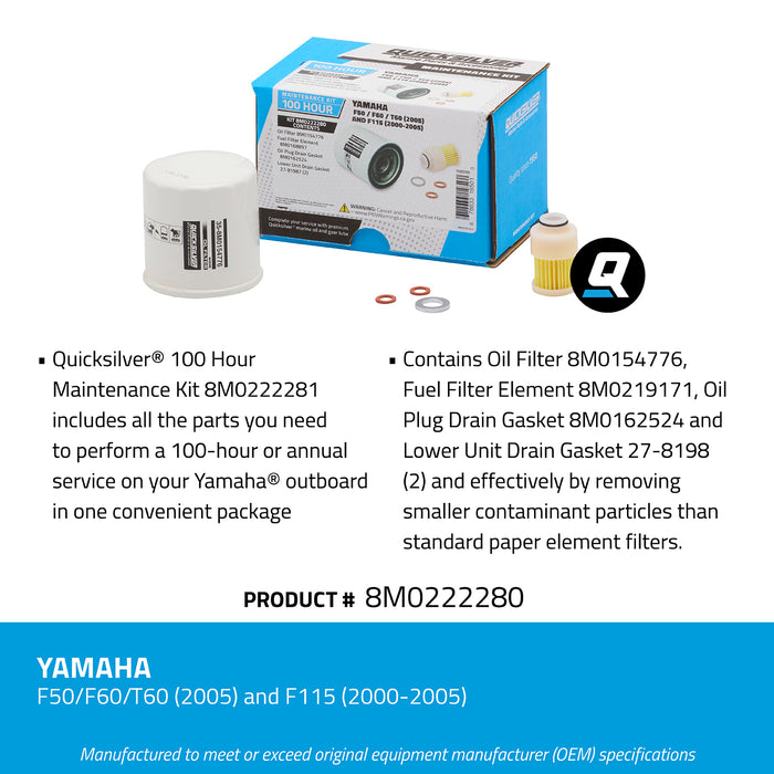 Quicksilver 8M0222280 100 Hour Maintenance Kit for Yamaha F50/F60/T60 and F115 Outboards