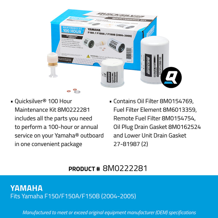 Quicksilver 8M0222281 100 Hour Maintenance Kit for Yamaha F150/F150A/F150B Outboards