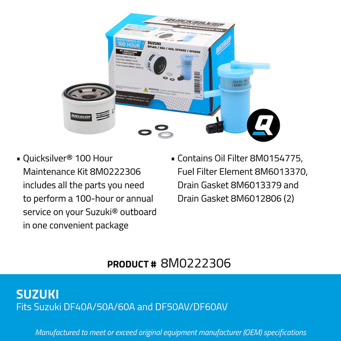 Quicksilver 8M0222306 100 Hour Maintenance Kit for Suzuki DF40A/50A/60A and DF50AV/DF60AV Outboards