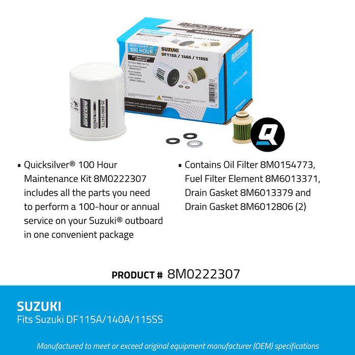 Quicksilver 8M0222307 100 Hour Maintenance Kit for Suzuki DF115A/140A/115SS Outboards