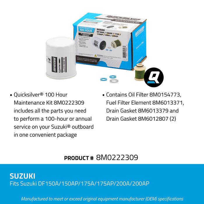 Quicksilver 8M0222309 100 Hour Maintenance Kit for Suzuki DF150A/150AP/175A/175AP/200A/200AP Outboards