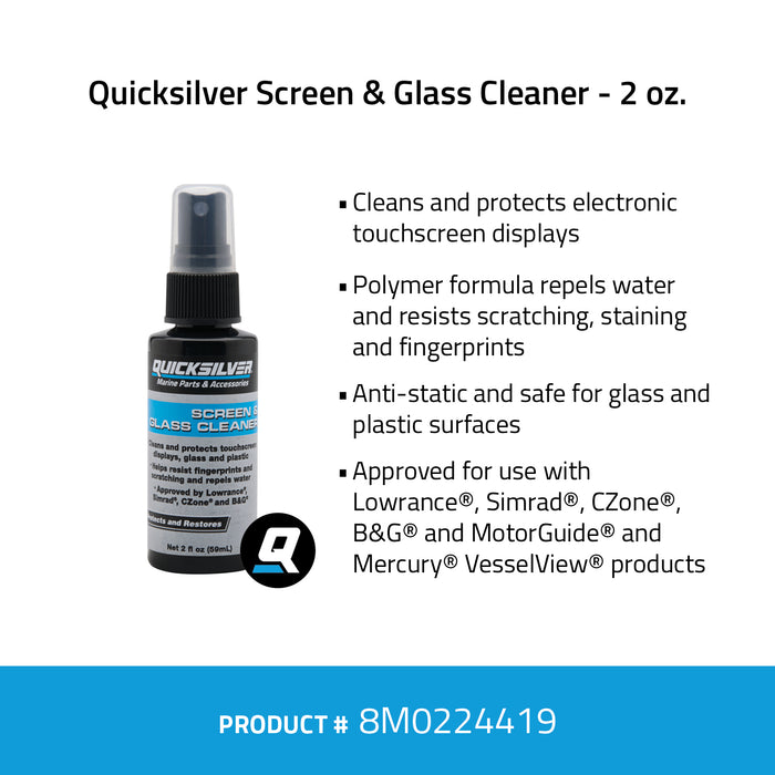 Quicksilver 8M0224419 Screen & Glass Cleaner for Marine Electronics, Windshields and Mirrors, 2 oz