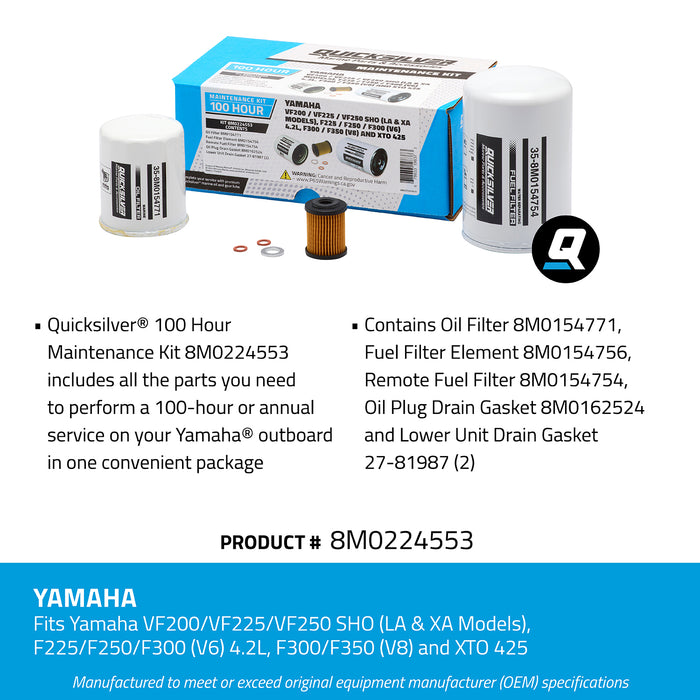 Quicksilver 8M0224553 100 Hour Maintenance Kit for Yamaha Various 200-350 and XTO 425 Outboards