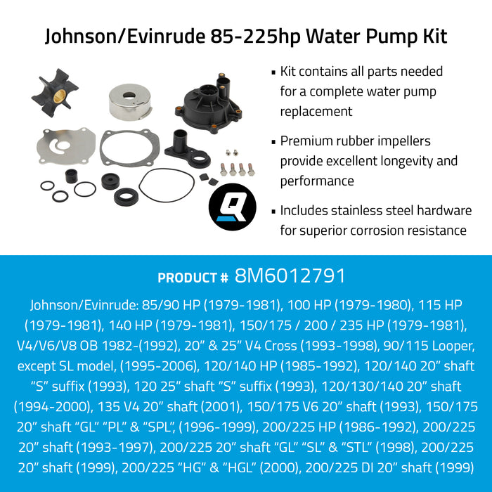 Quicksilver 8M6012791 Water Pump Kit for Select Johnson and Evinrude 85-225hp Outboards