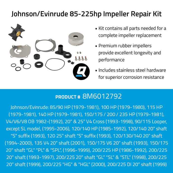 Quicksilver 8M6012792 Impeller Repair Kit for Select Johnson and Evinrude 85-225hp Outboards