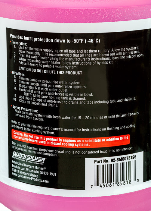 Quicksilver 8M0073196 Water System Anti-Freeze, Burst Protection -50 Degrees F, 1 Gallon