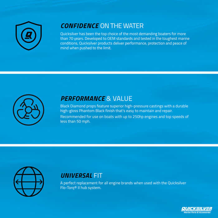 Quicksilver Black Diamond 3-Blade Aluminum Propeller, 9.5" Diameter x 11" Pitch, Right Hand Rotation