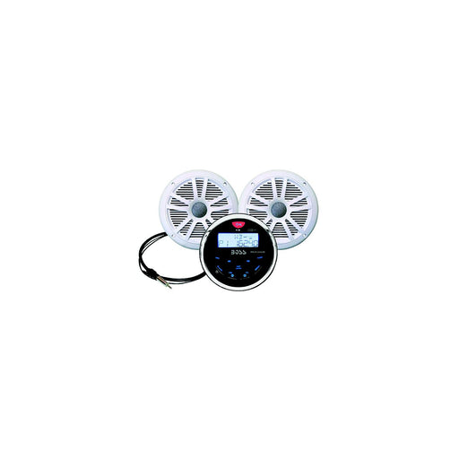 Boss MCKGB350W6 Bluetooth gauge marine receiver with white 6.5 inch waterproof speakers