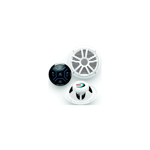 Boss MG150W6 Bluetooth gauge receiver package with 6.5 inch white waterproof marine speakers