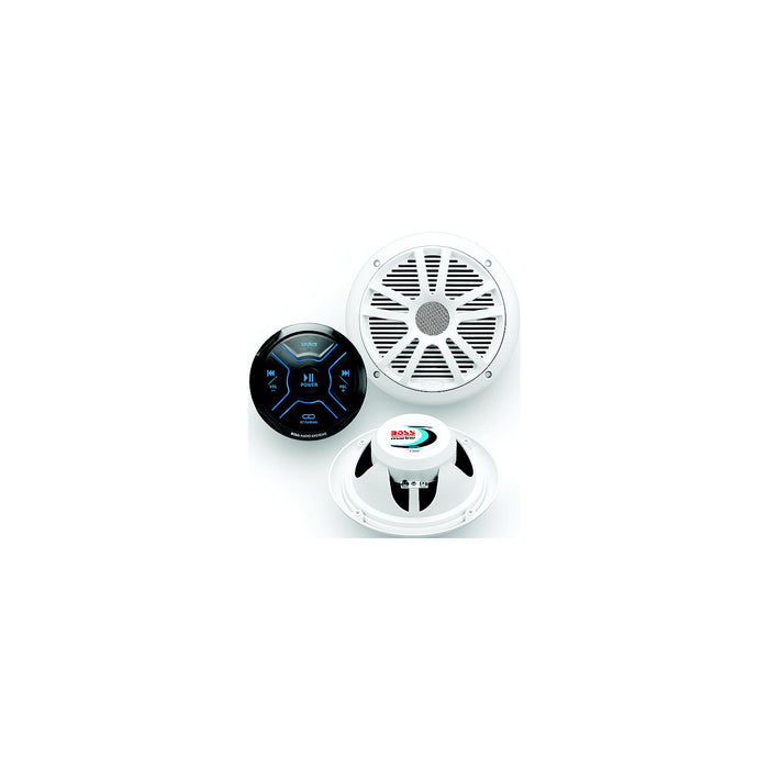 Boss MG150W6 Bluetooth gauge receiver package with 6.5 inch white waterproof marine speakers