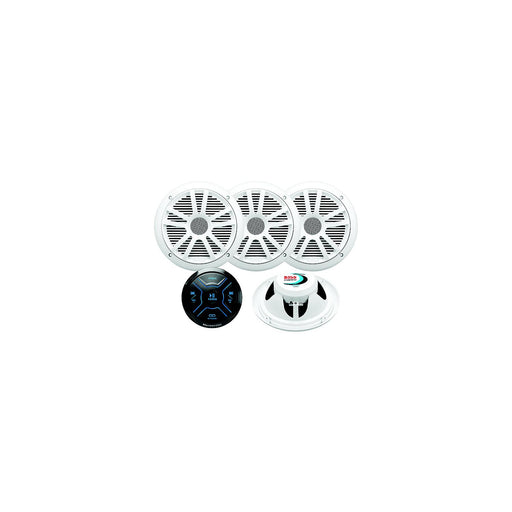 Boss MG250W64 Bluetooth gauge receiver with four 6.5 inch white waterproof marine speakers