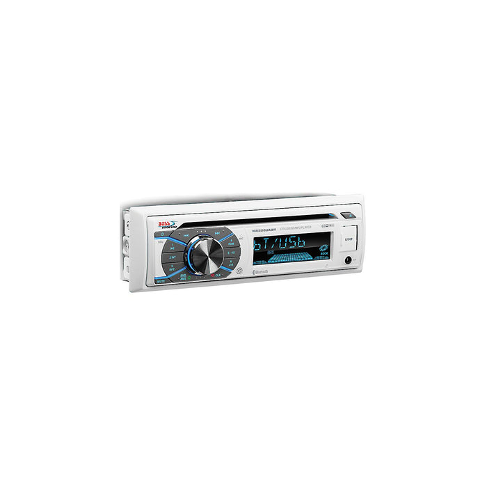 Boss MR508UABW white marine stereo with Bluetooth, CD, USB, and SD playback